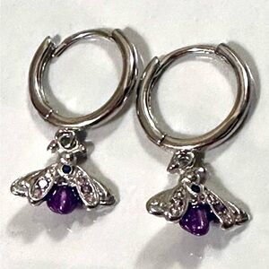 Elegant Silver and Purple Bee Earrings